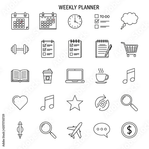 Collection of various line icons.