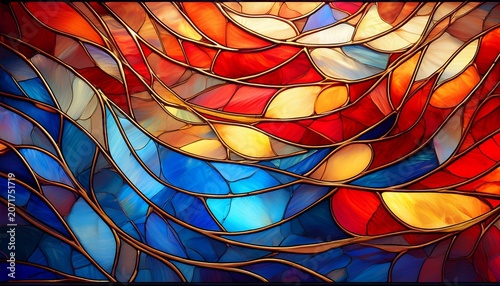 Abstract Stained Glass Window Red Blue And Gold Hues