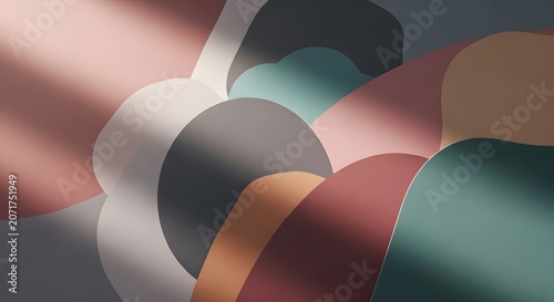 Abstract composition with colorful curved shapes and shadows on a gray background
