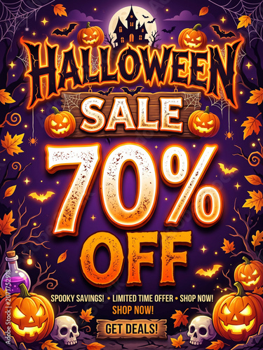 Halloween Sale 70% Off Banner with Pumpkins, Spooky Night Background, Discount Promotion Template