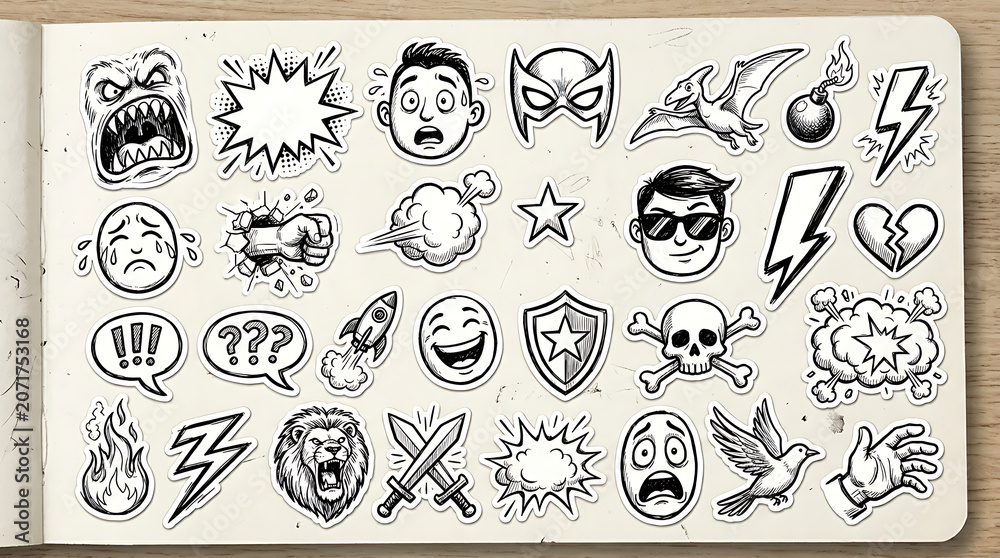 Fototapeta premium A vibrant illustration of various emoticons and symbols arranged on a page.