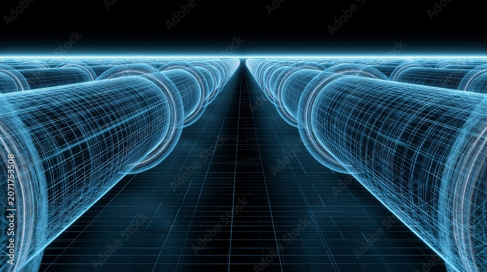 Fototapeta premium Futuristic data conduits glow blue against dark grid backdrop, hinting high-tech infrastructure