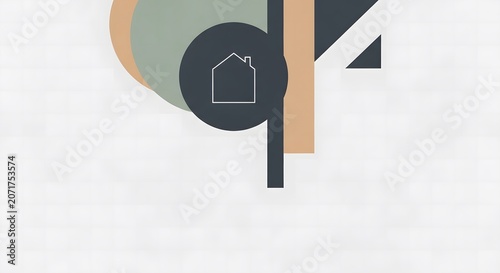 A stylized illustration of a house icon within abstract shapes and lines on a white background