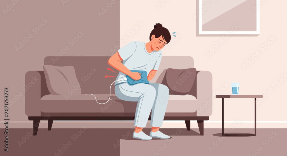 Fototapeta premium Woman Experiencing Pain with Heating Pad for Abdominal Comfort and Relief