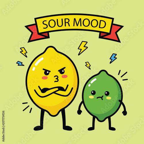 Cute Lemon Cartoon Characters Sour Mood Funny Illustration Set