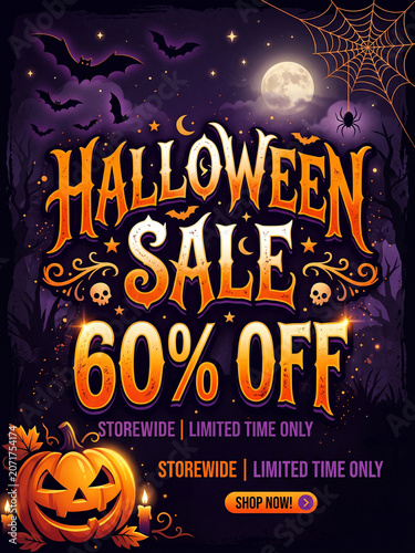 Halloween Sale 60% Off Banner with Pumpkins, Spooky Night Background, Discount Promotion Template