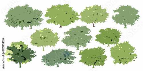 Tableau sur toile Collection of green watercolor trees with varied canopies on a white background