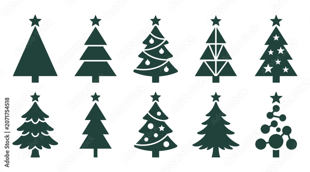 Obraz premium Christmas tree silhouette icon set. Minimalist dark green fir tree shapes with stars and ornaments. Vector flat illustration for holiday design.
