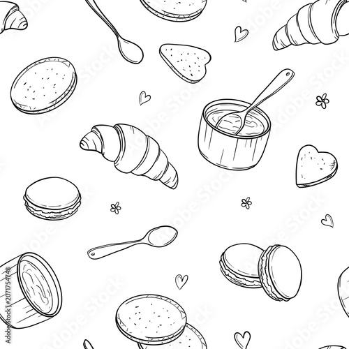 Bakery and pastry seamless pattern with croissants and macarons line art