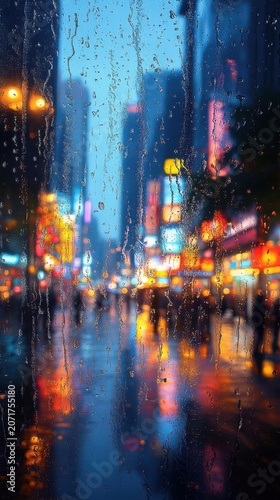 Raindrops On Window Pane Overlooking A Vibrant Blurred City Street With Colorful Neon Lights At