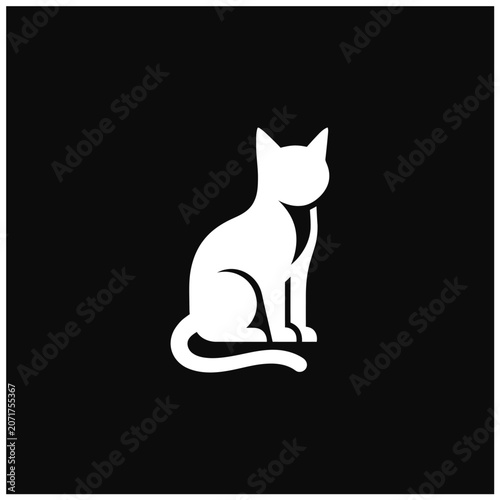Minimalist White Cat Silhouette Icon on Black Background