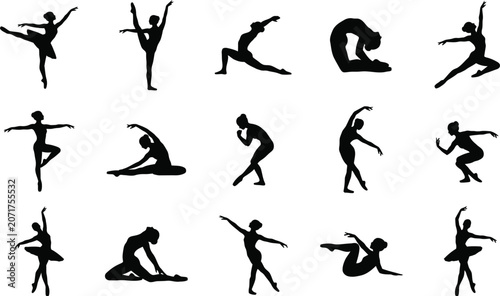 Obraz na płótnie ballet dancer and gymnast poses set silhouette black vector collection isolated