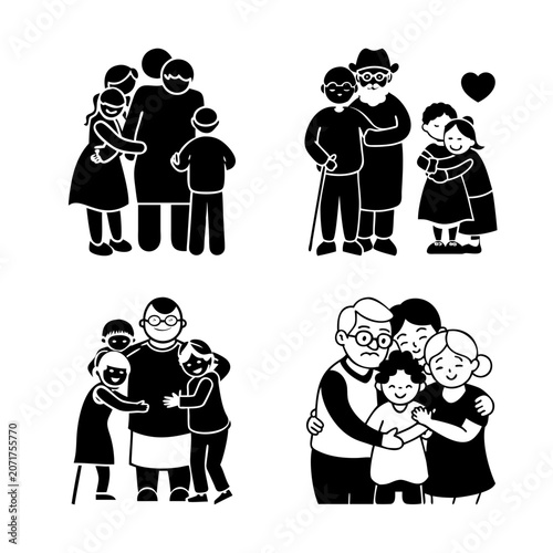 Four people hugging and embracing each other - Black and white vector illustration showing four different scenes of people embracing and hugging warmly and affectionately.
