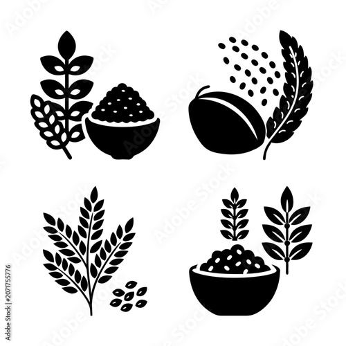 Black and white flat icons of plants and fruits - Minimalist vector icons depicting four different plants and fruits in black and white, perfect for nature, health, or food-related designs.