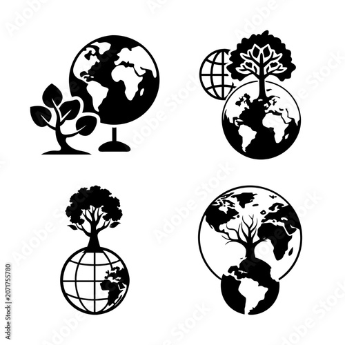 Four eco-friendly globe icons with trees - Minimalist black and white vector icons showing four different eco-friendly globe designs with trees and plants growing from them.