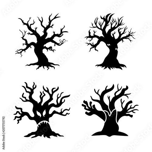 Four stylized black tree icons in a grid - Simple black and white vector illustration of four stylized bare trees arranged neatly in a grid pattern, ideal for nature, winter, or decorative designs.