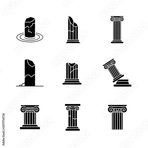 Set of ancient stone pillars and broken monument icons