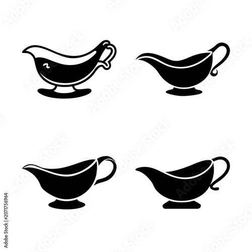 Four black gravy boat illustrations in a row - Sleek vector icons of four black gravy boats aligned neatly for culinary or decorative use.