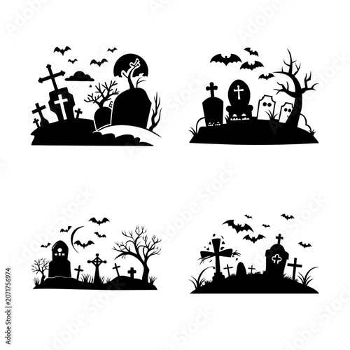 Halloween-themed graveyard with silhouettes and bats - Black and white vector illustration of a spooky graveyard scene featuring tombstones, trees, and flying bats with ghostly silhouettes.