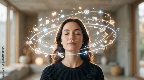 Woman meditating with holographic rings of digital icons orbiting her head. Mindfulness and mental focus concept, futuristic technology representation of thoughts, memory and information flow.