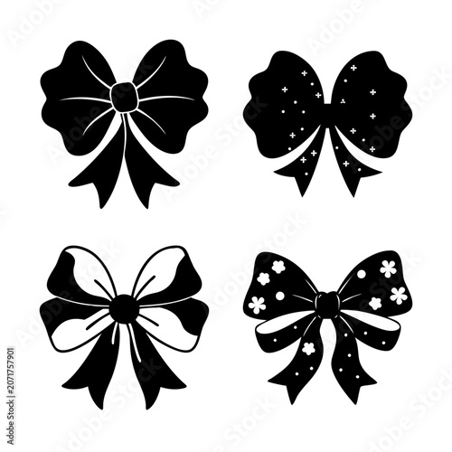 Four stylish black decorative bows illustration - A clean, vector illustration of four elegant black bows with subtle patterns, perfect for decorative and editorial use.