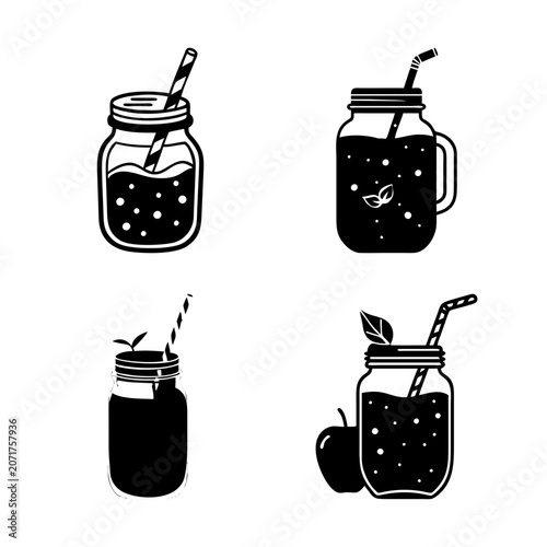 Four jars of tea with straws illustration - Minimalist vector illustration of four jars filled with tea, each with a straw, arranged in a square pattern.