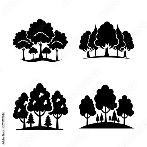 Black and white forest houses illustration - Four stylish black and white vector illustrations of houses surrounded by trees in a serene setting for design or branding use.