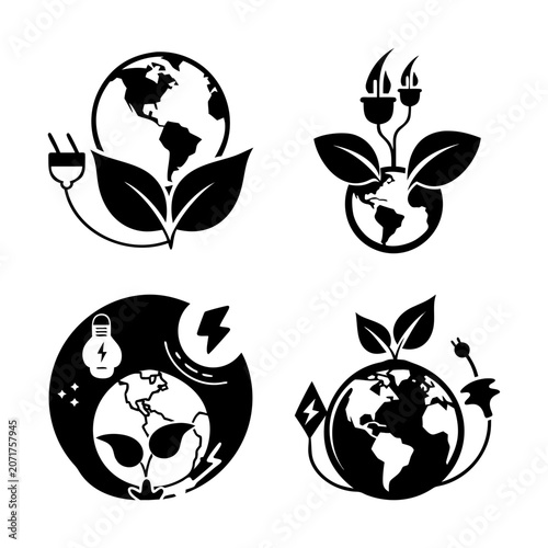 Eco growth icons with planet and plant elements - Four stylish black and white icons showing eco-friendly growth with a planet, sprouting plant, leaf, and recycling symbol.