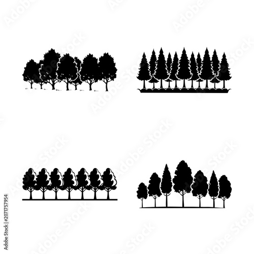 Black and white forest trees with people silhouette - Minimalist vector illustration showing silhouettes of people and trees in a forest setting with a simple line style.