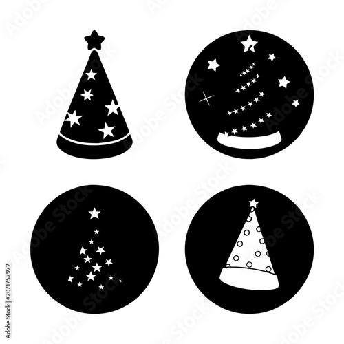 Black and white christmas party icons set - Minimalist vector icons featuring festive Christmas party elements like party hats, snowflakes, and trees in a clean black and white design.