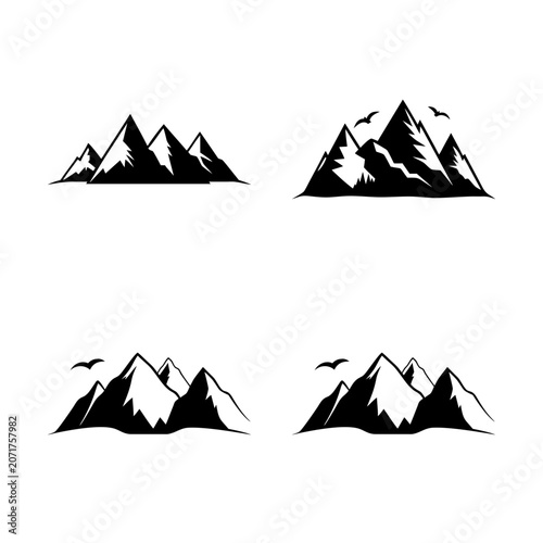 Four stylized mountain icons in black and white - Minimalist vector illustration of four stylized mountain silhouettes arranged in a grid, perfect for nature, travel, or adventure-themed designs.