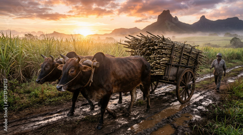 Oxen pulling cart through sugarcane field at sunrise near mountains