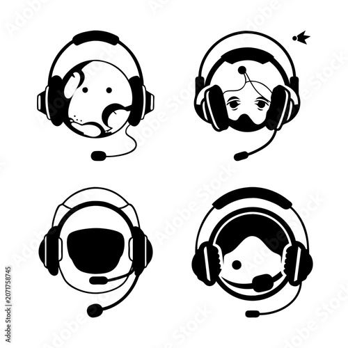 Four cartoon astronauts with headsets and microphones - Illustrated set of four cheerful cartoon astronauts wearing helmets, headsets, and microphones, ready for communication in space.