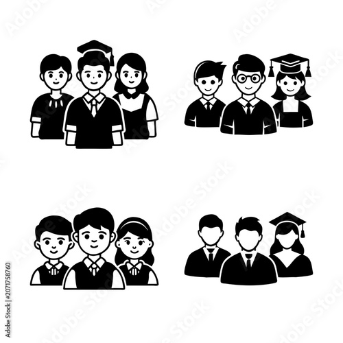 Group of graduates in caps and gowns - Simple black and white vector illustration showing two rows of graduates standing together in academic attire.