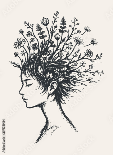 Woman's profile with closed eyes and intricate dark ink drawn flowers for hair on a light background