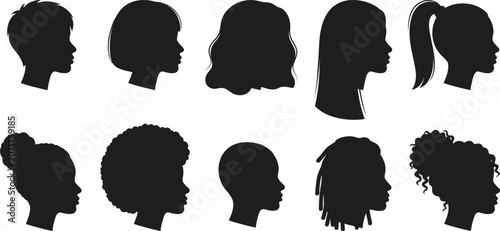 Fotografía Diverse women profile silhouettes female head hairstyles black shape vector isol