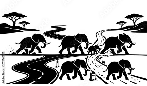 Fotografía African elephant family walking across savanna landscape silhouette vector illus