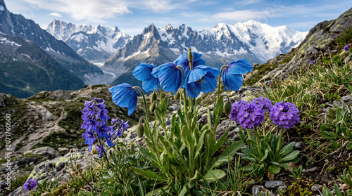 Vibrant blue poppies bloom against majestic snow-capped Himalayan peaks