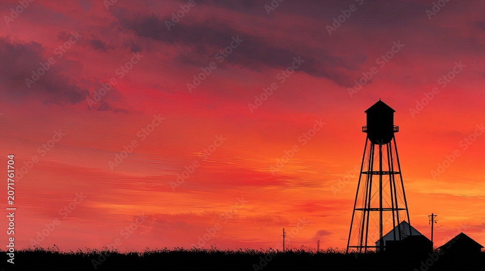 Naklejka premium Silhouette of Water Tower Against Vibrant Sunset Sky.