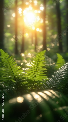 Sunlight Filtering Through Fern Leaves In A Lush Green Forest During Golden Hour