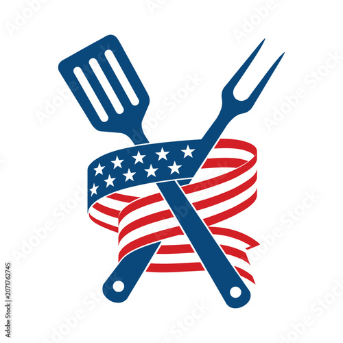 American BBQ Grill Tools with USA Flag Ribbon Patriotic Barbecue Vector Design