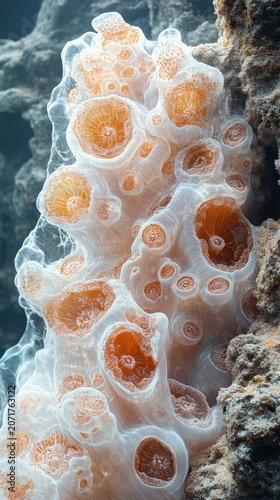 Macro View Of White And Orange Sea Sponge Attached To A Rocky Reef Underwater