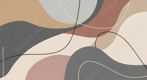 Abstract composition with wavy lines and shapes in neutral earthy tones