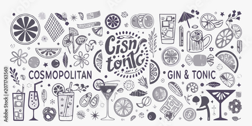 Obraz na plátne Cocktail ingredients and glassware hand drawn vector illustration featuring citr