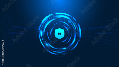 Cyber Security Technology Background with Digital Shield Lock HUD Interface Blue Glow Circuit Network Vector Illustration