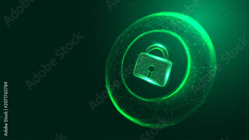 Cyber Secure Green Neon Glowing Plexus Sphere Digital Padlock System Protected Technology Background Vector