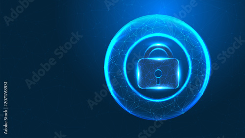 Cyber Security Blue Glowing Plexus Sphere with Digital Padlock Data Protection Technology Background Vector