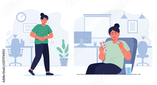 Woman Experiencing Pain and Taking Medication for Aching Belly in Illustrative Scenes