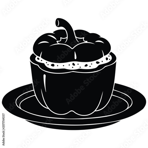 Stuffed pepper on plate vector silhouette illustration line art healthy dinner graphic.