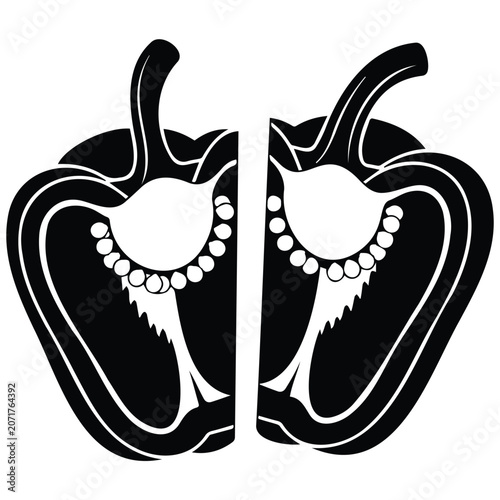 Two sliced bell pepper halves vector silhouette illustration vegetable cross section art.